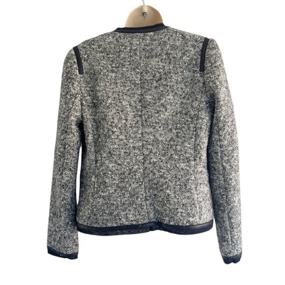 Vince Women’s Sz 4 Grey Tweed Boucle Button Jacket with Black Leather Trim - Picture 4 of 11